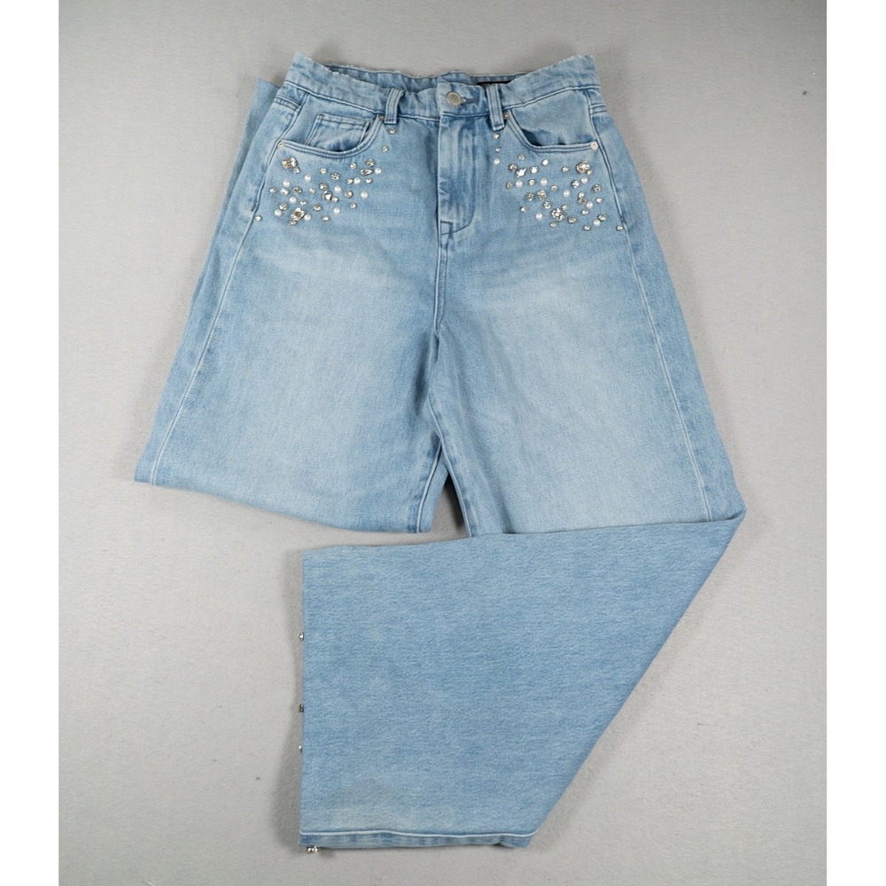 BlankNYC The Franklin Ribcage Wide Leg Embellished Jeans Blue 28 Rhinestones